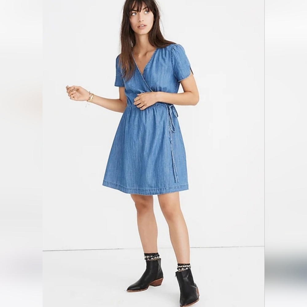 Madewell Size XXS Cotton Tencel Chambray Denim Wrap Dress Tulip Puff Sleeves